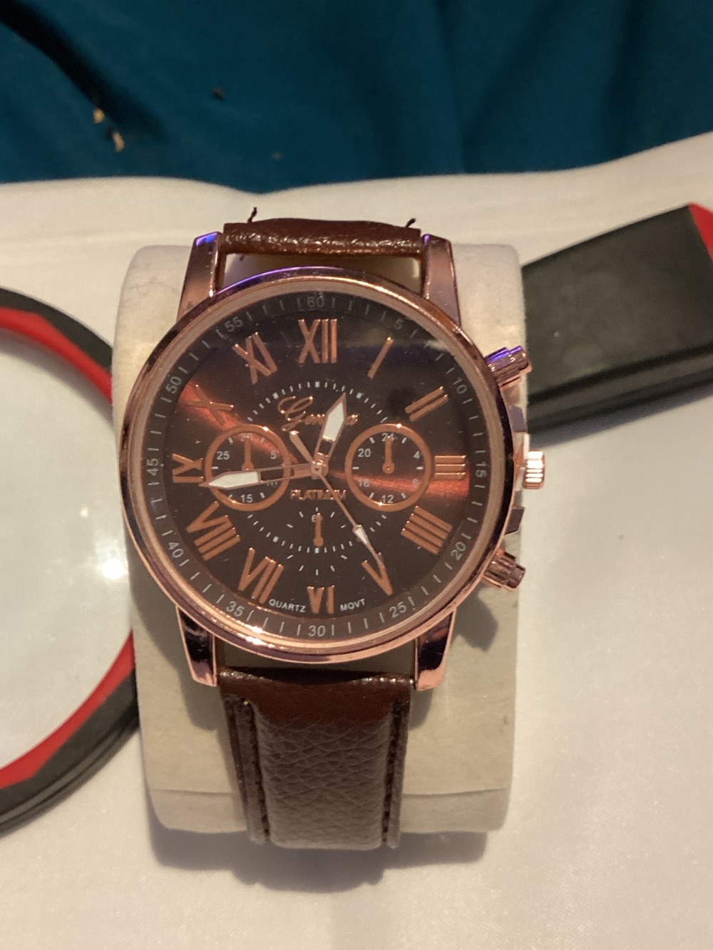 Geneva Brown Leather Strap Watch with Rose Gold Case